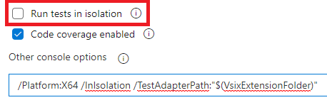 Screenshot of the checkbox for isolation and the command line options